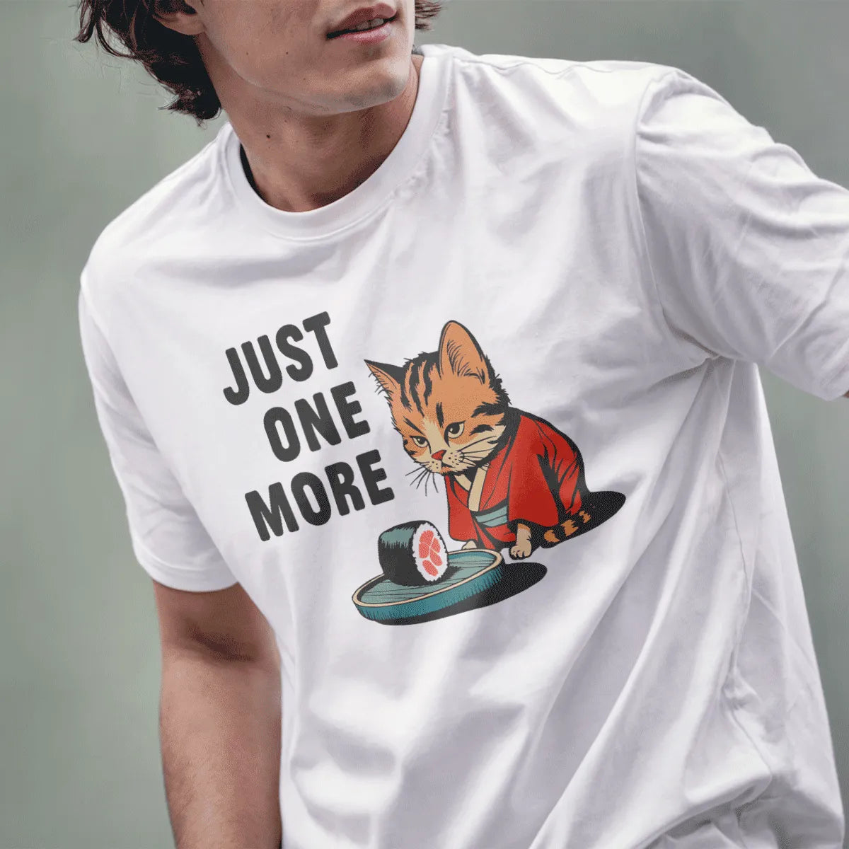 Male model in white t-shirt with orange kimono cat, sushi, and playful "JUST ONE MORE" quote, japanese t-shirts.