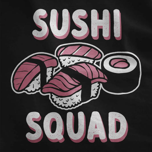 Three pink fish nigiri and maki roll with bold "SUSHI SQUAD" text on black shirt. sushi shirt, sushi squad, kawaii clothes