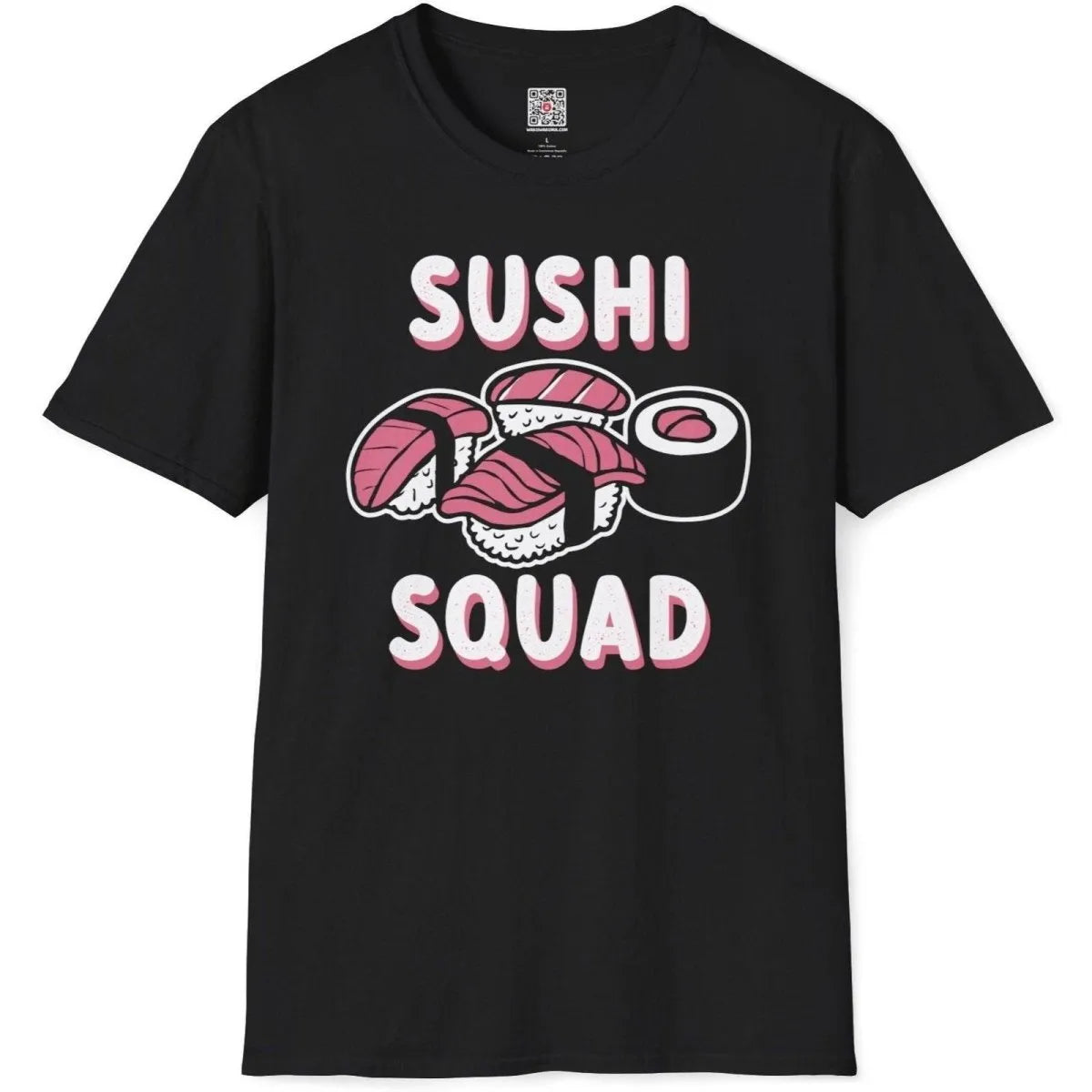 Black flatlay t-shirt with cartoon sushi and bold pink "SUSHI SQUAD" text in distressed font. sushi shirt, sushi squad