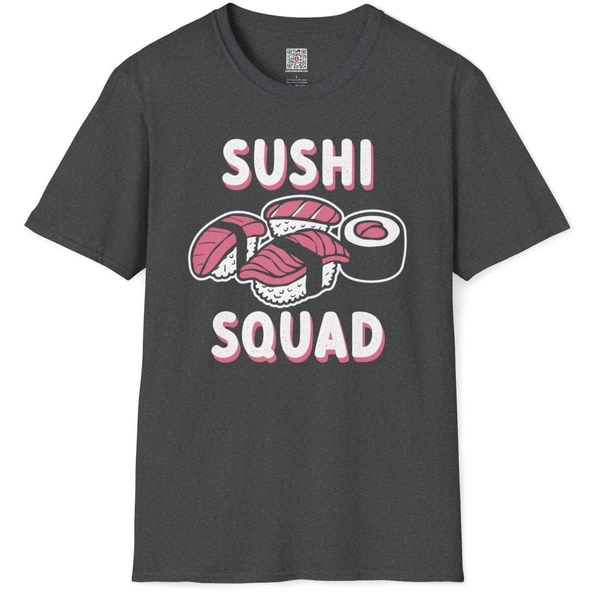 Dark heather flatlay t-shirt with sushi pieces and bold pink "SUSHI SQUAD" text. sushi shirt, distressed font