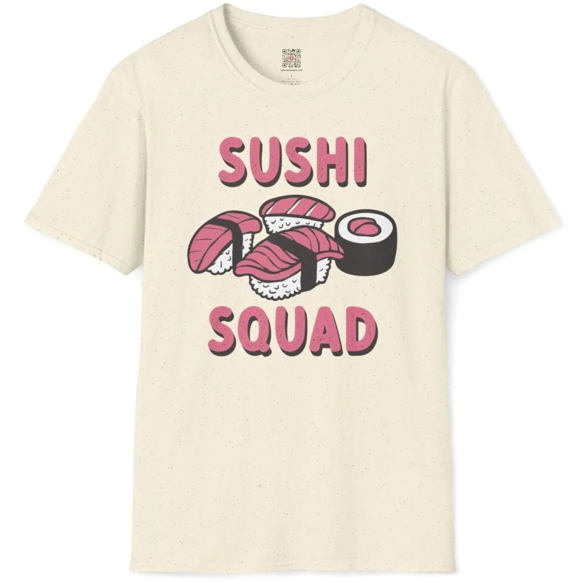 Natural flatlay t-shirt with sushi pieces and bold pink "SUSHI SQUAD" text. sushi shirt, kawaii clothes
