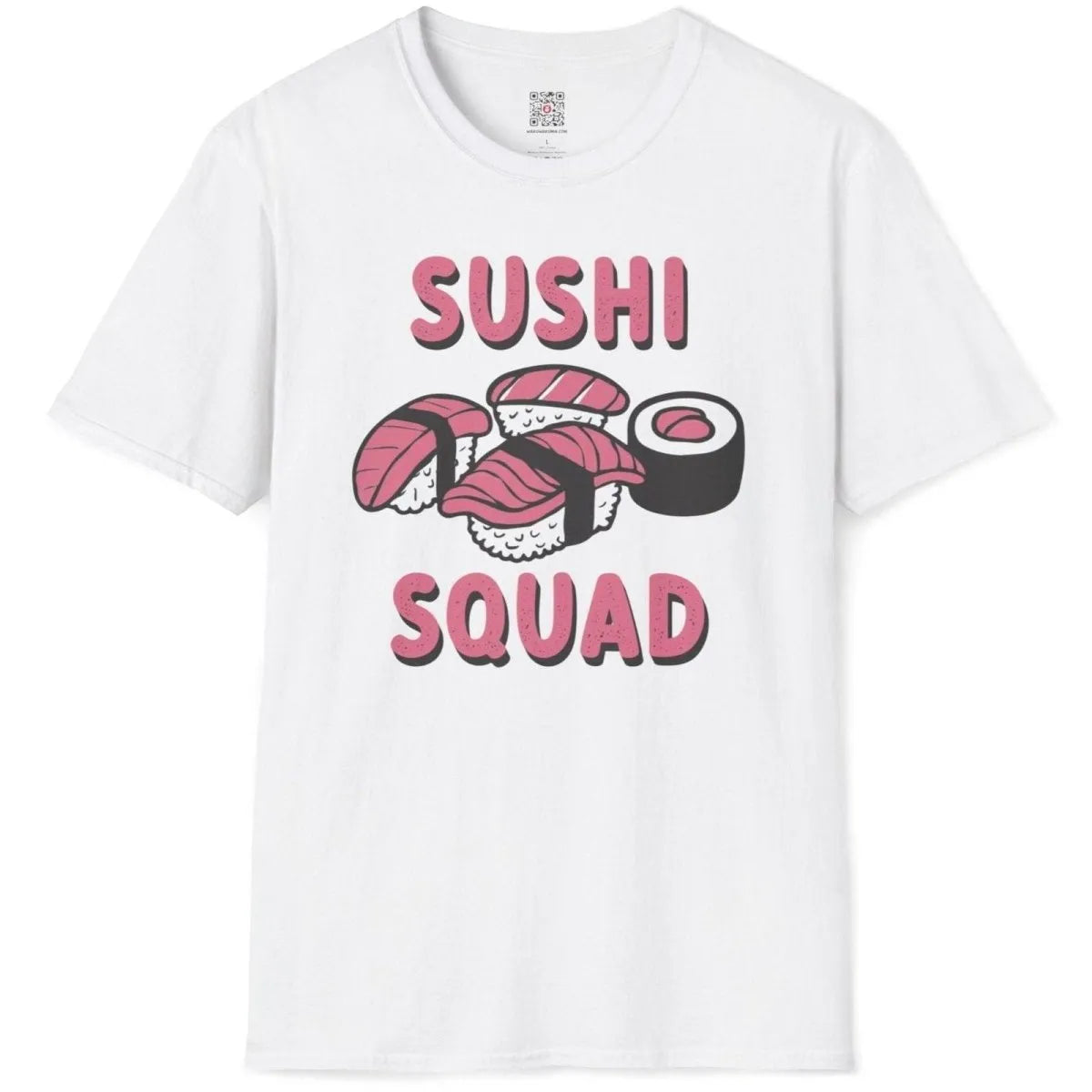 White flatlay t-shirt with playful sushi pieces and bold pink "SUSHI SQUAD" text. sushi shirt, sushi squad