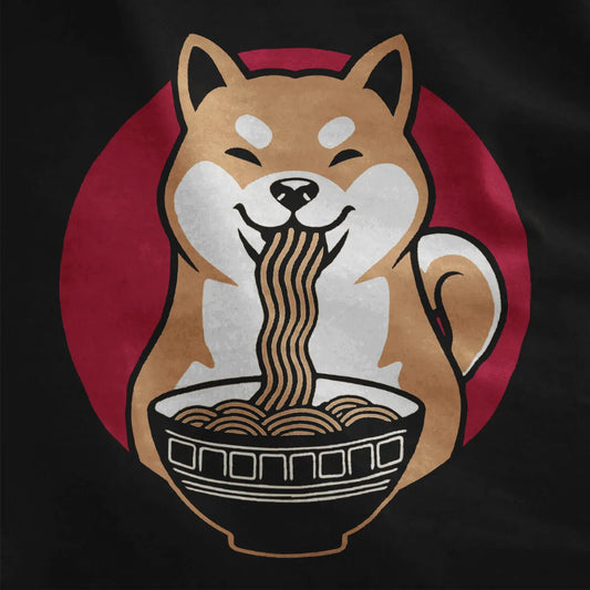 Shiba Inu dog enjoying ramen in red circle on black shirt. ramen t-shirt, japanese t-shirts.