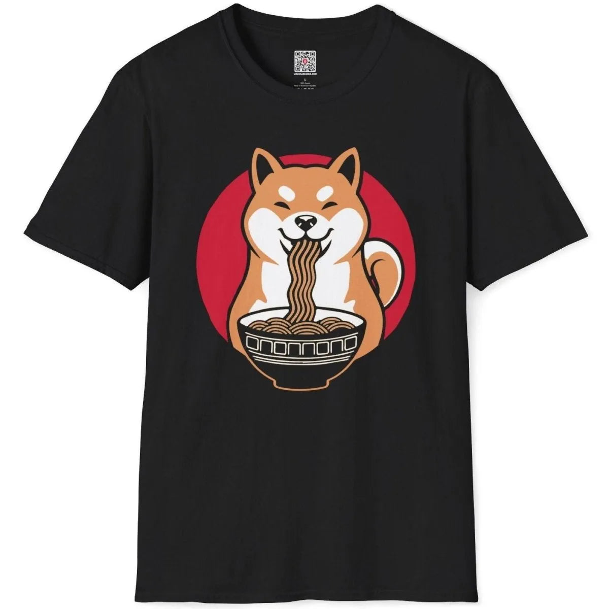 Flatlay black t-shirt with cheerful Shiba Inu eating ramen, bold red background. ramen t-shirt, kawaii clothes.