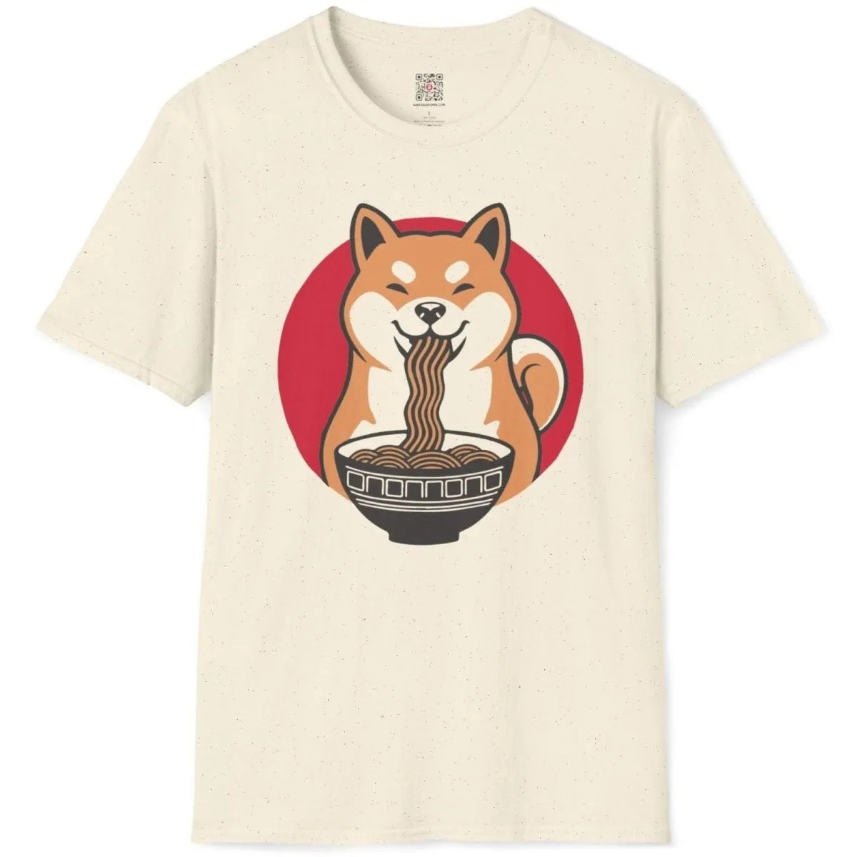 Flatlay natural t-shirt with Shiba Inu enjoying ramen in bold red circle. ramen t-shirt, kawaii clothes.