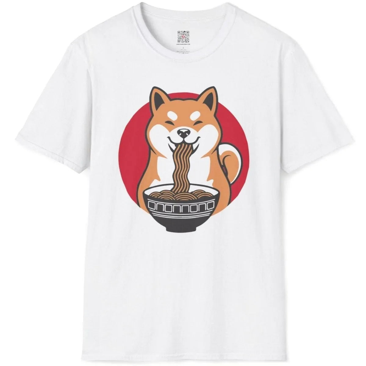 Flatlay white t-shirt with happy Shiba Inu eating ramen in red circle. ramen t-shirt, ramen joy.