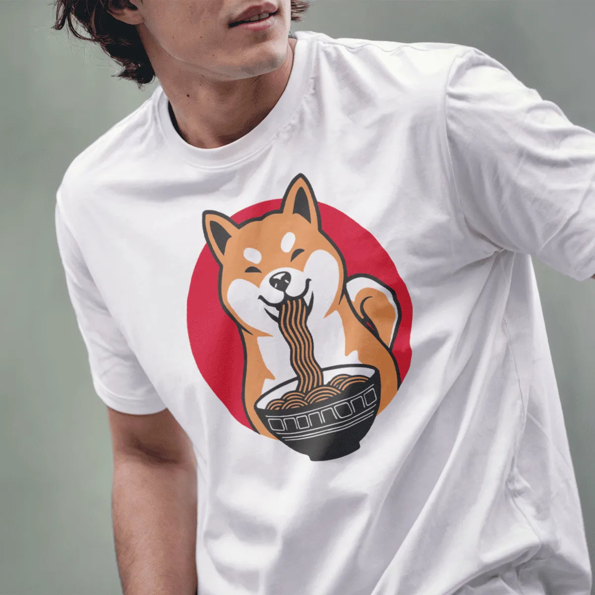 Male model in white t-shirt with smiling Shiba Inu eating ramen in red circle. ramen t shirt, dog shirt.
