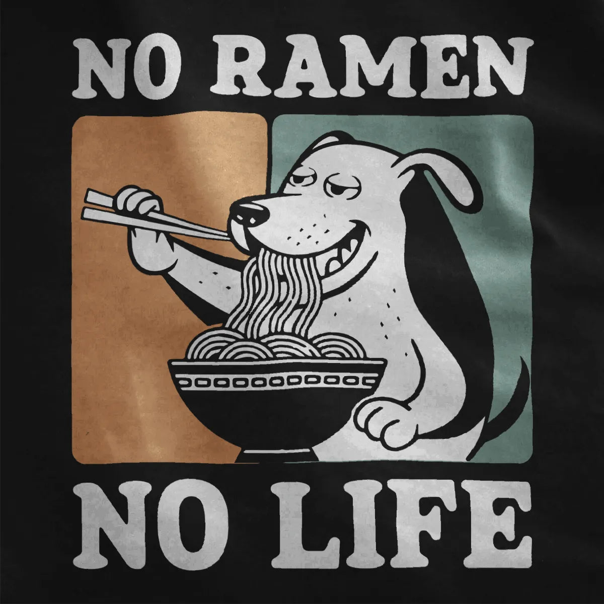 Playful dog eating ramen with chopsticks on black fabric, junk food shirt, contrast art, ramen joy.