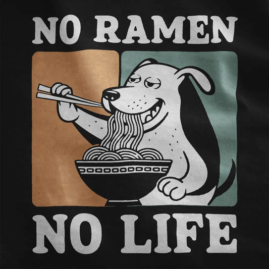 Playful dog eating ramen with chopsticks on black fabric, junk food shirt, contrast art, ramen joy.