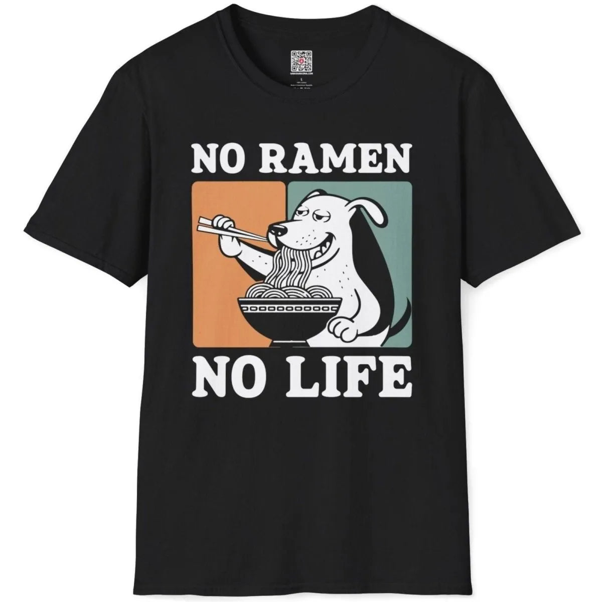 Black t-shirt flatlay with cartoon dog eating ramen, bold typography, ramen art, japanese t-shirts.