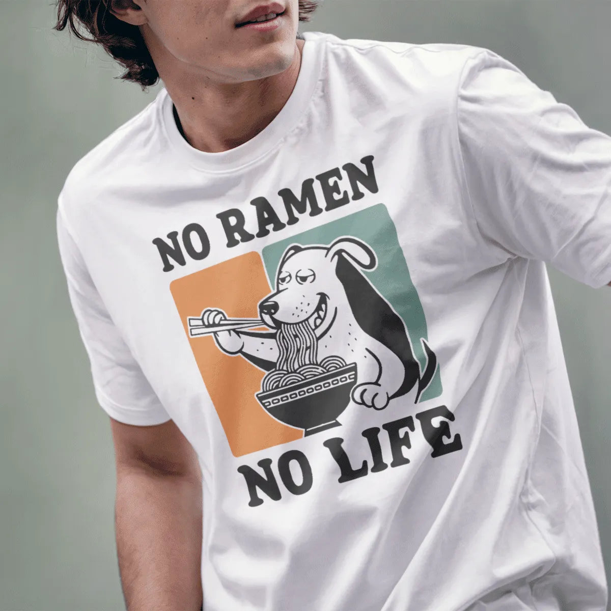 Male model in white t-shirt with dog enjoying ramen, humorous quote, ramen t-shirt, positive messaging.