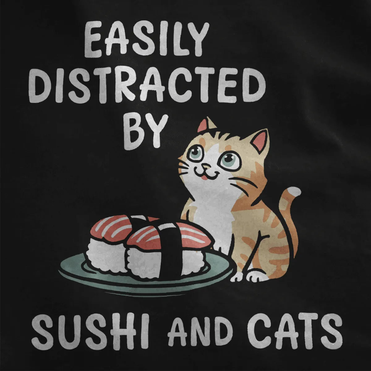 Curious cat and sushi plate on black fabric, japanese t-shirts, sushi culture, cat sushi.