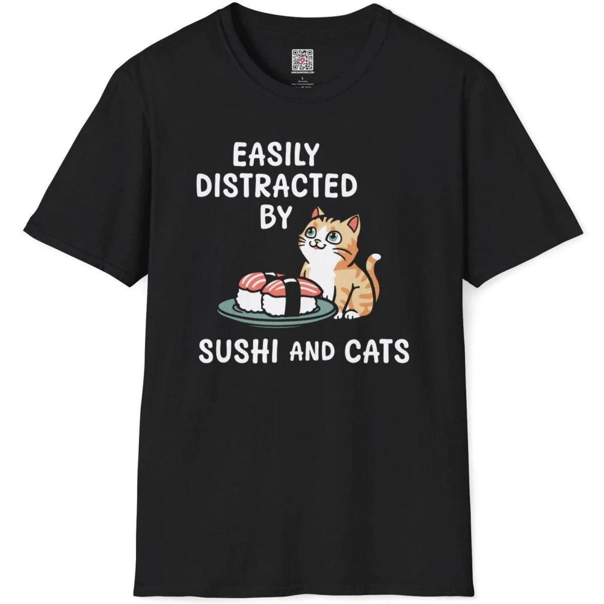 Black t-shirt flatlay, orange cat gazing at sushi, humorous quote, sushi shirt, vibrant style.