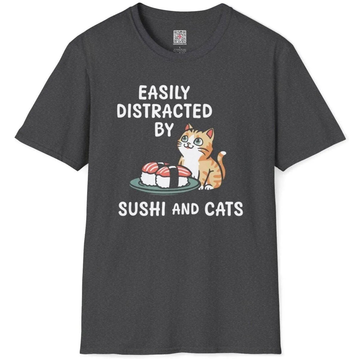 Dark heather t-shirt flatlay, whimsical cat with sushi, sushi t-shirt, pastel aesthetics, cat t-shirt shirts.