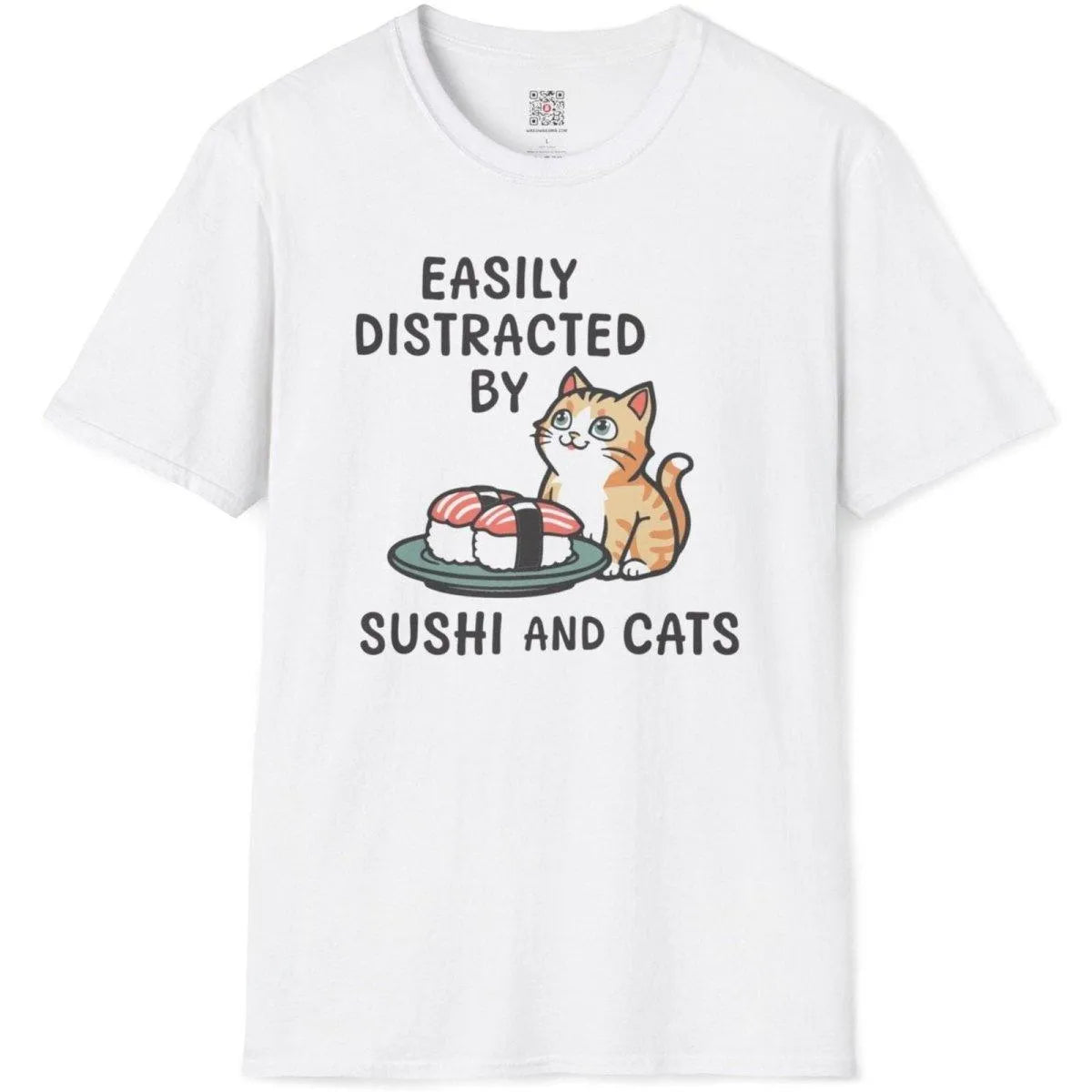 White t-shirt flatlay with cat and sushi, funny cat shirt, japanese inspired clothes, sushi culture.