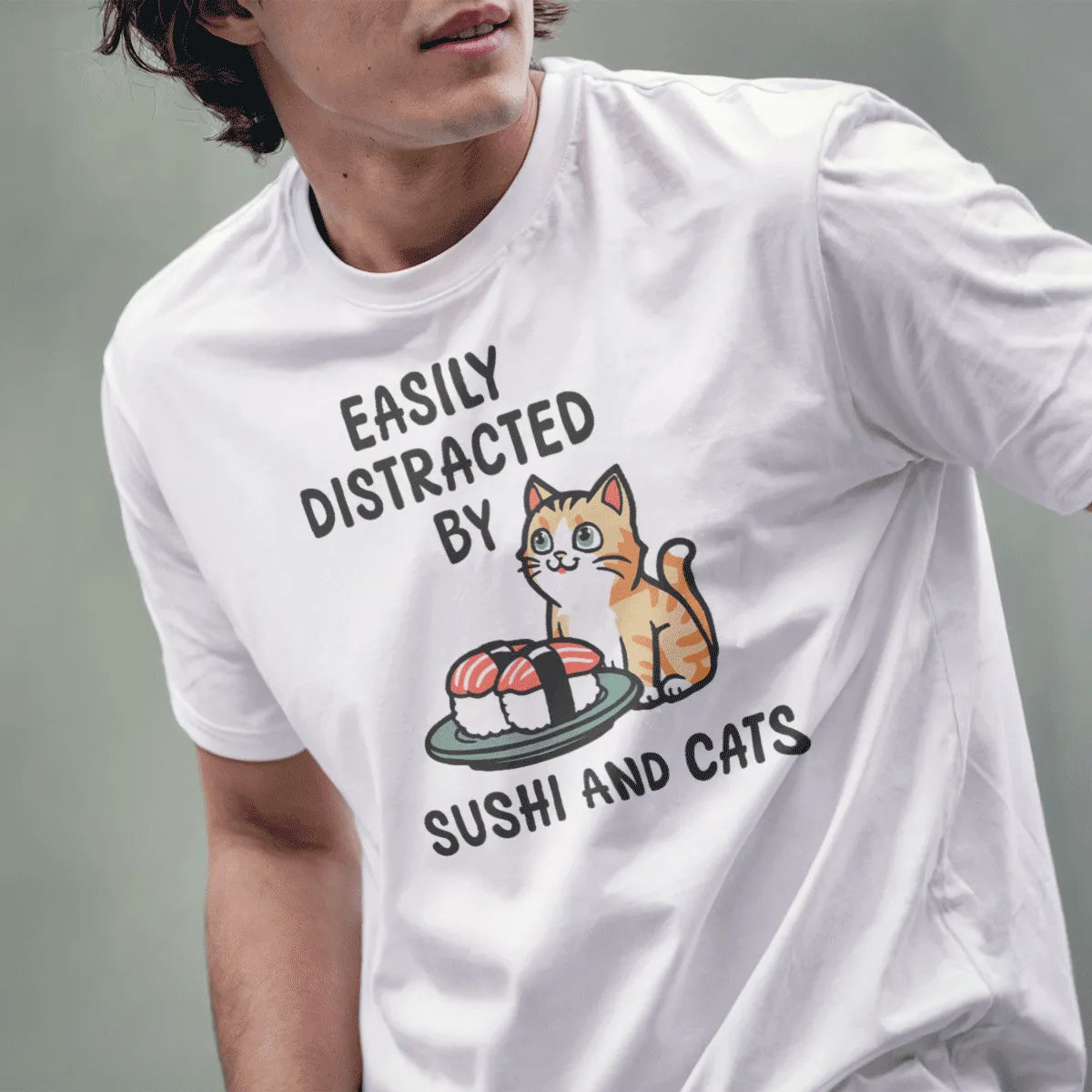 Male model in white t-shirt with cat and sushi, funny cat shirts, positive messaging, sushi t-shirt.