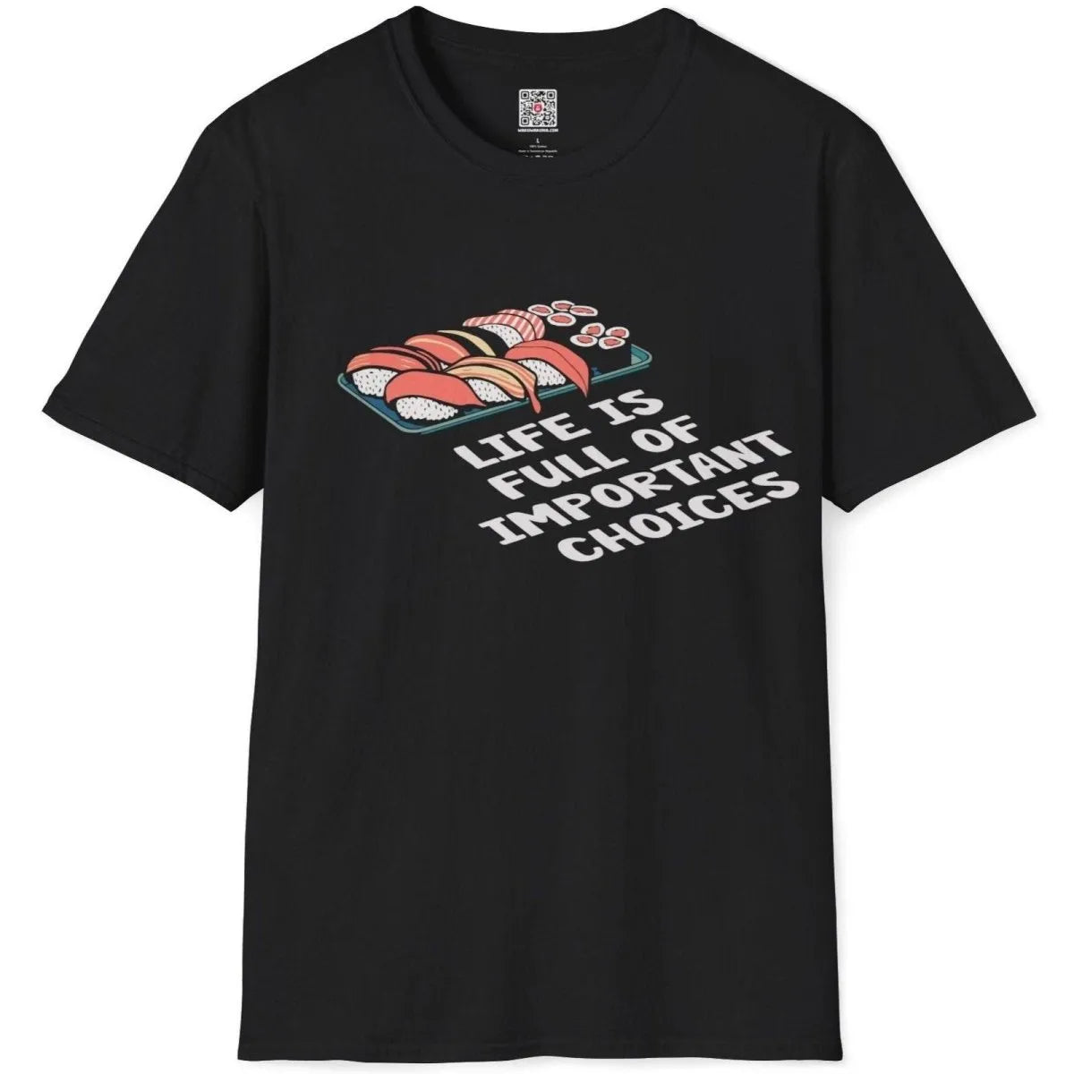 Flatlay of black shirt with realistic sushi illustration and humorous quote; sushi pun, graphic tees stores.