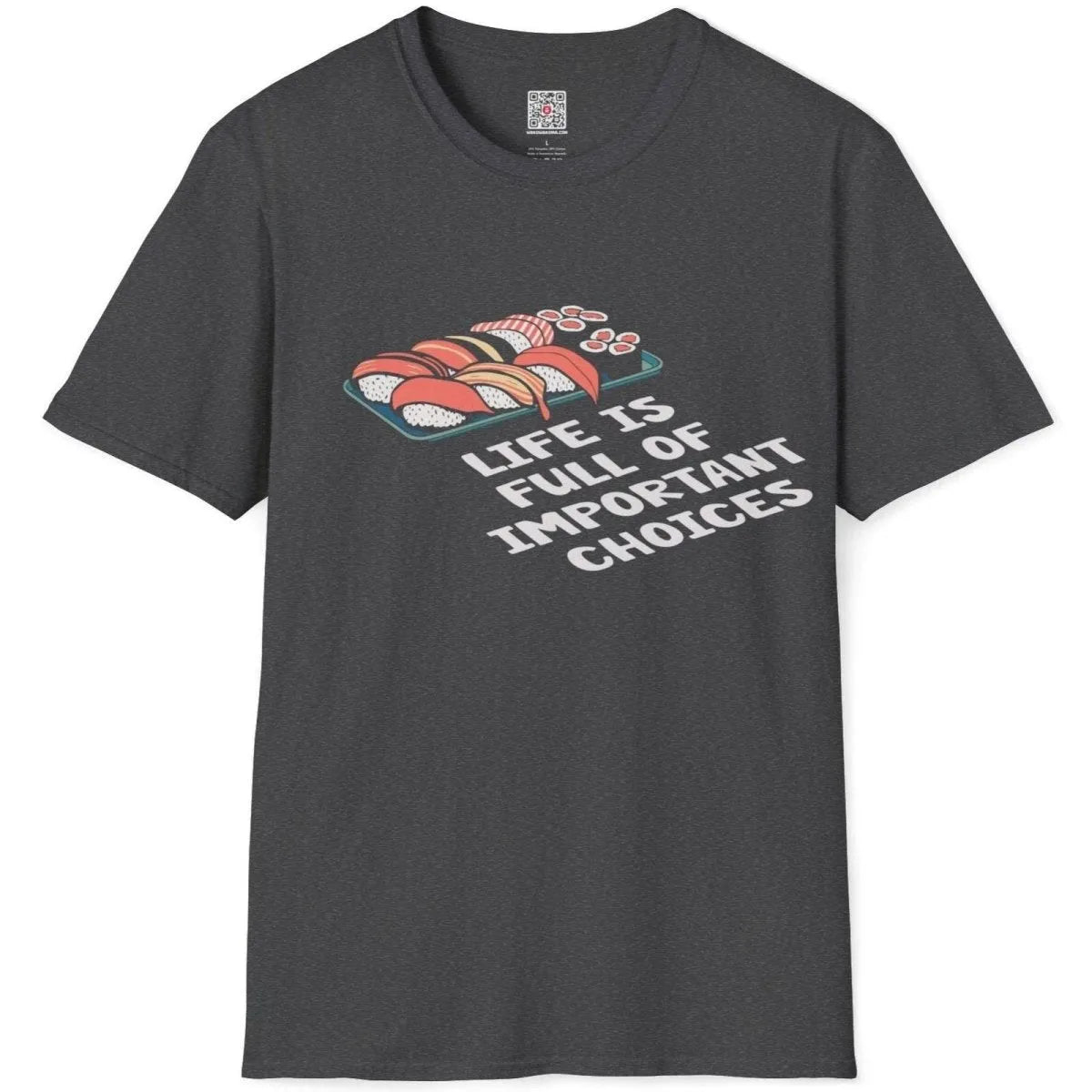Flatlay of dark heather shirt with sushi art and whimsical text; cultural fusion, sushi t-shirt.