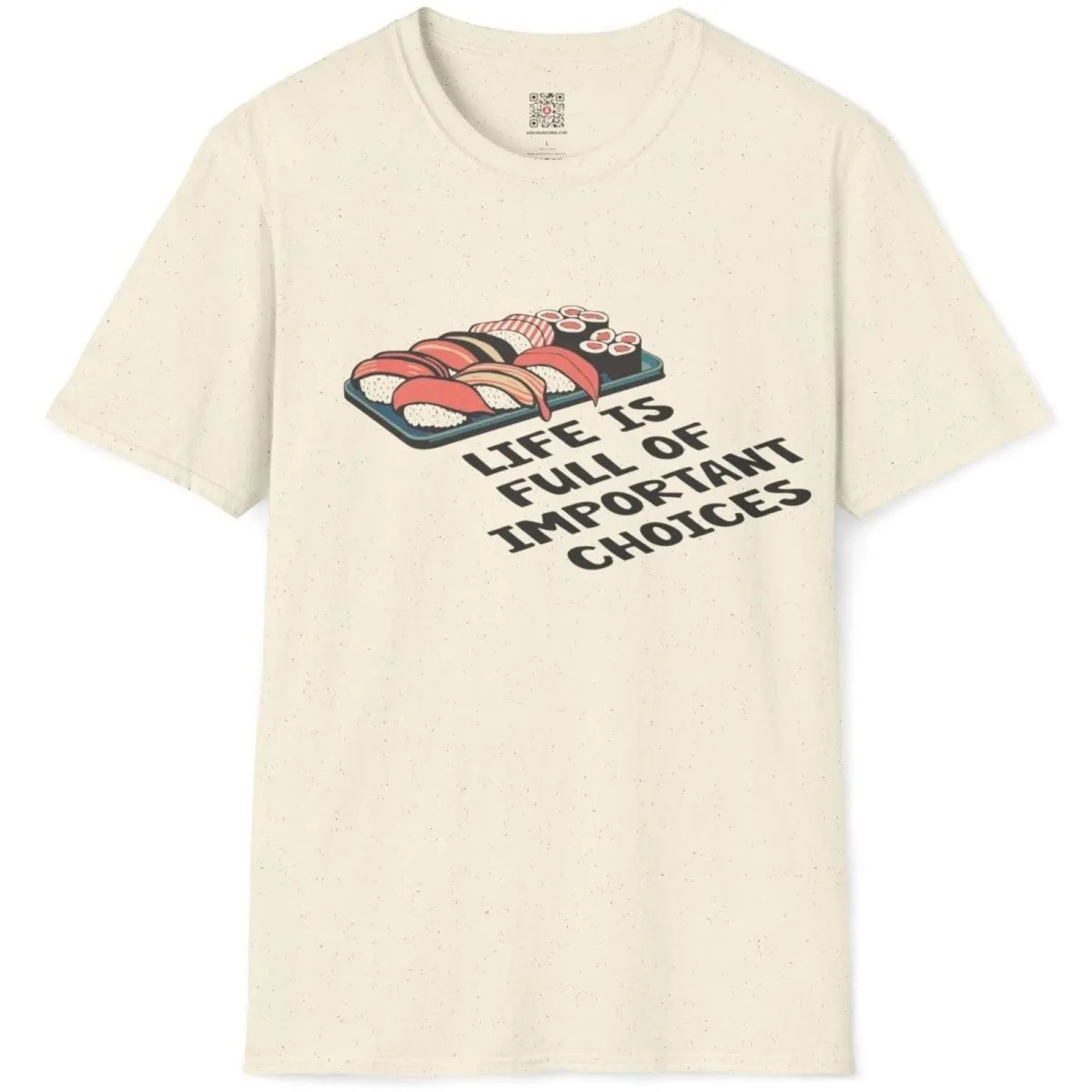 Flatlay of natural shirt with mouthwatering sushi design and playful phrase; foodie style, positive messaging.