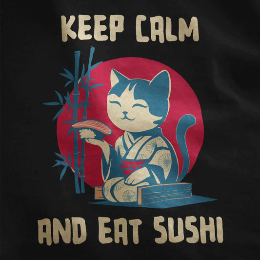 Black fabric close-up of a kawaii kimono cat enjoying sushi, red circle and bamboo accent the sushi shirt design.