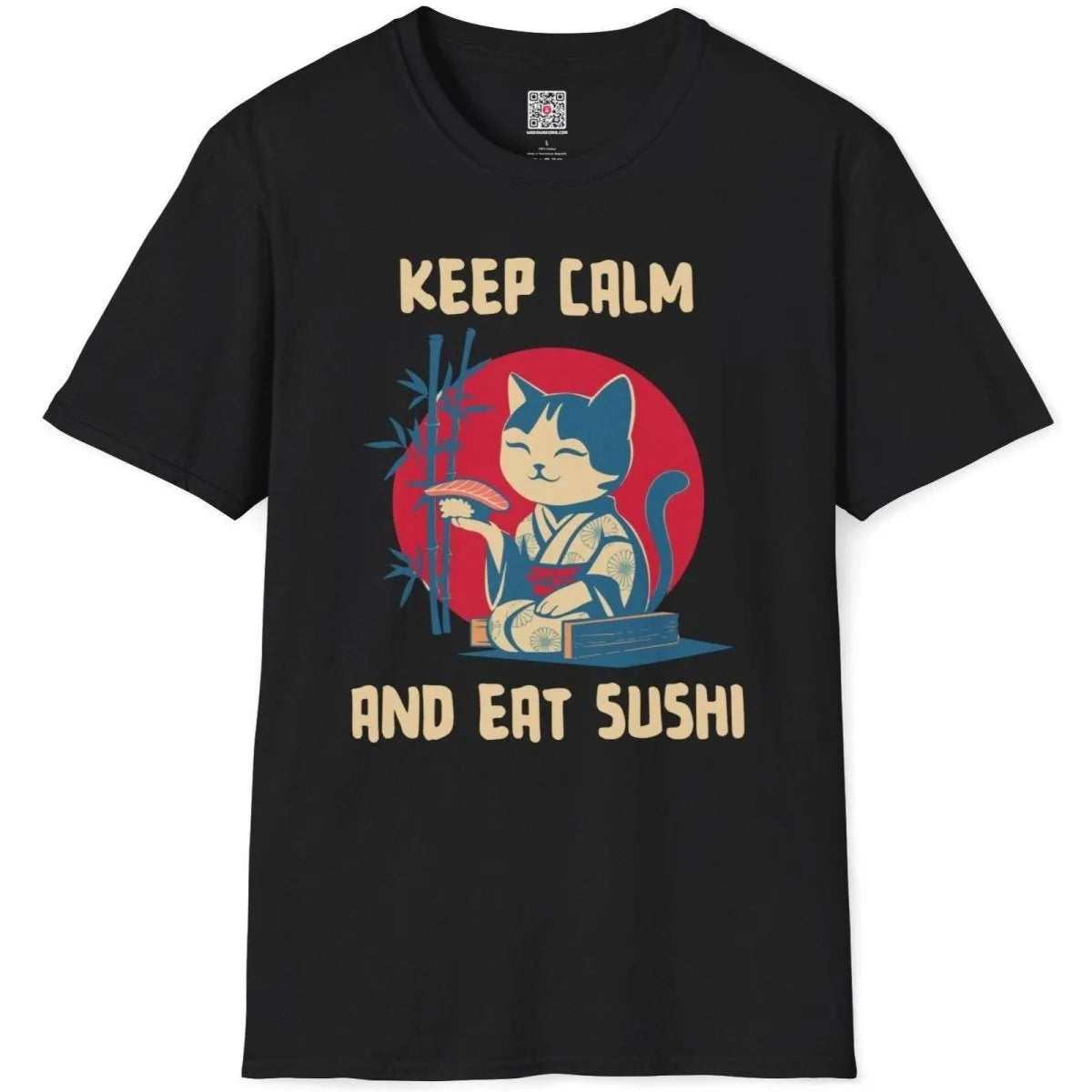 Black t-shirt flatlay with a whimsical cat in kimono savoring nigiri, bamboo and red circle, sushi culture.