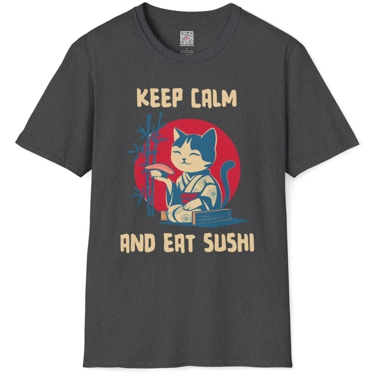 Dark heather t-shirt flatlay showing a content cat in floral kimono holding sushi, bamboo, and red circle.
