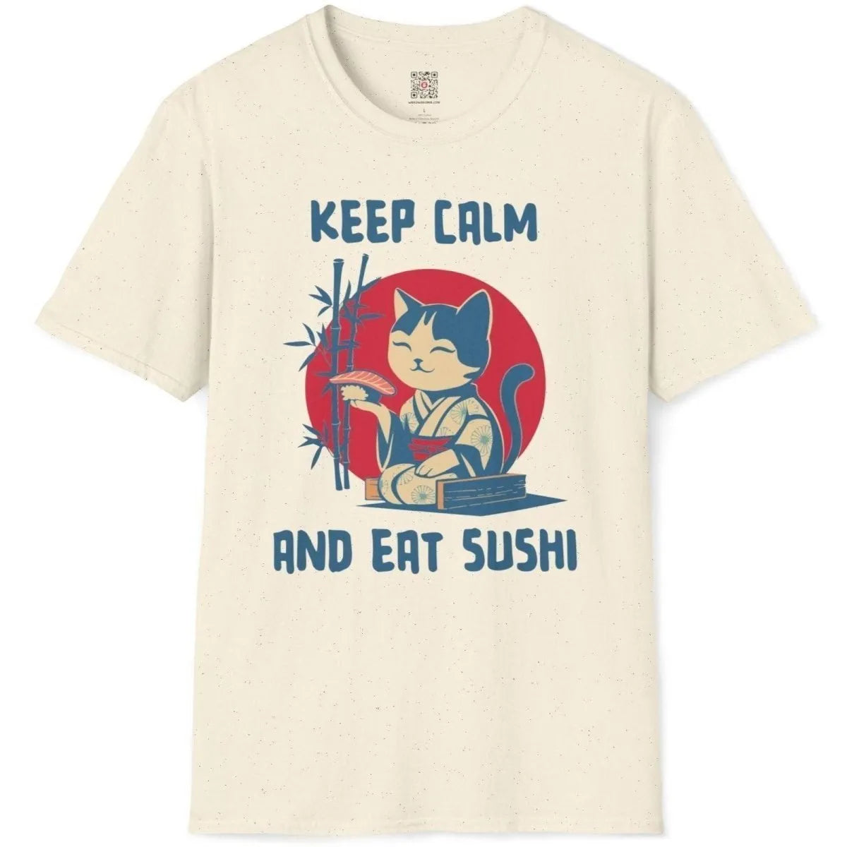 Natural t-shirt flatlay with a charming cat in traditional kimono, sushi, bamboo, and vibrant Japanese style.