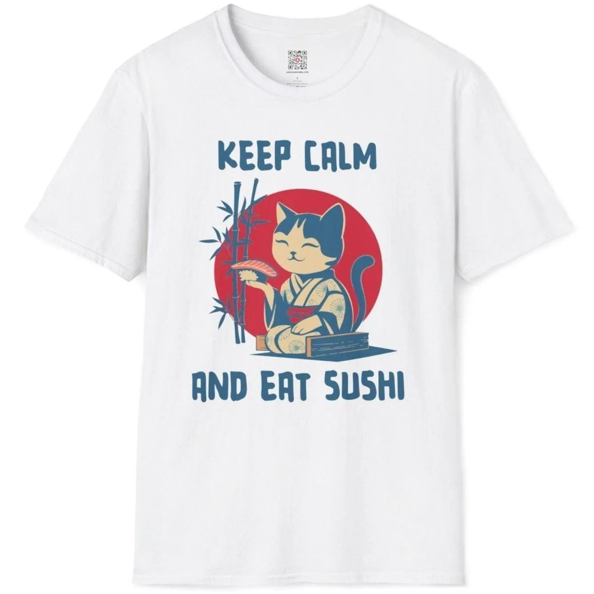 White t-shirt flatlay of a graphic tee with a cat in kimono, sushi, bamboo, and playful "KEEP CALM" quote.
