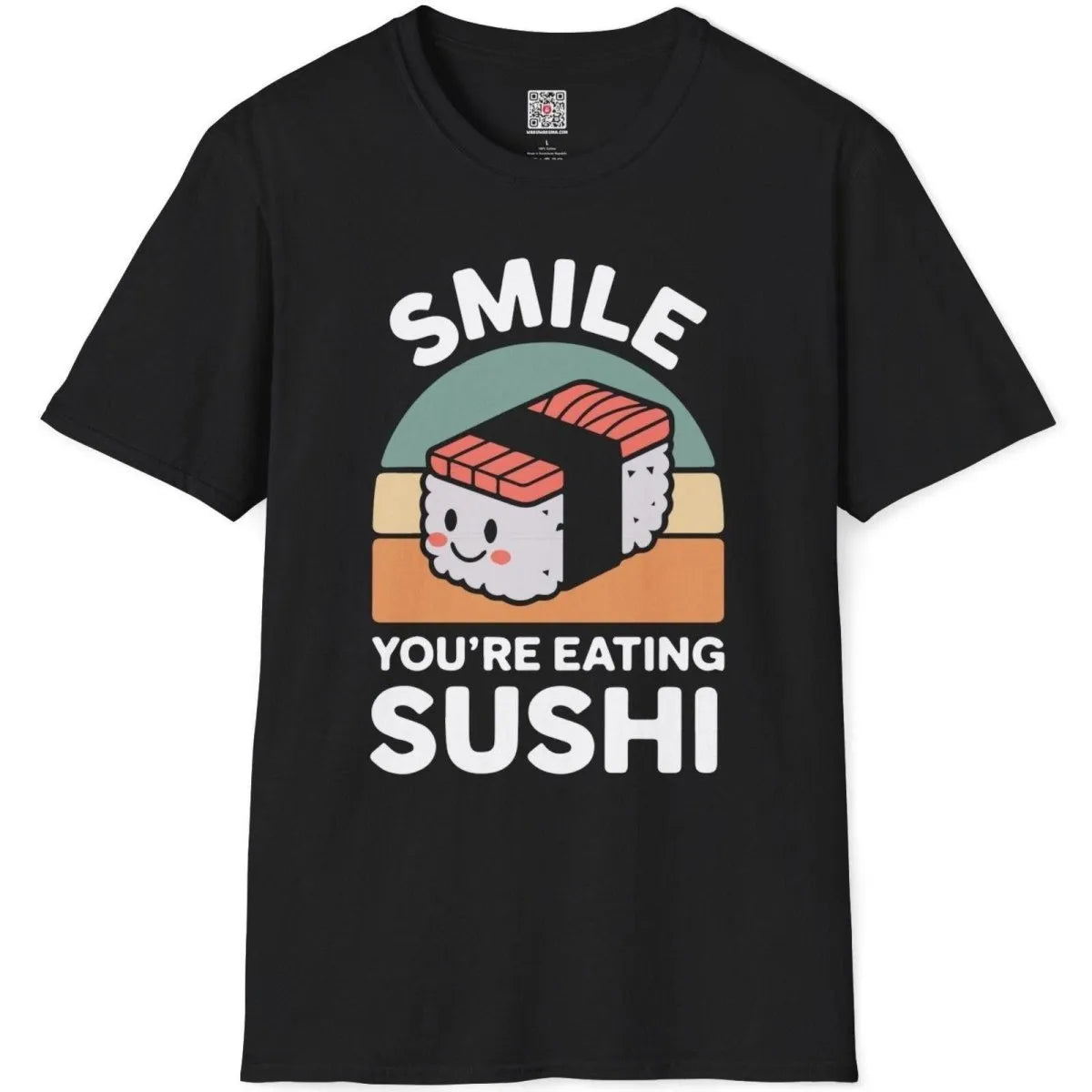 Black flatlay, cute nigiri sushi with rosy cheeks, "YOU'RE EATING SUSHI," sushi shirt, foodie style.