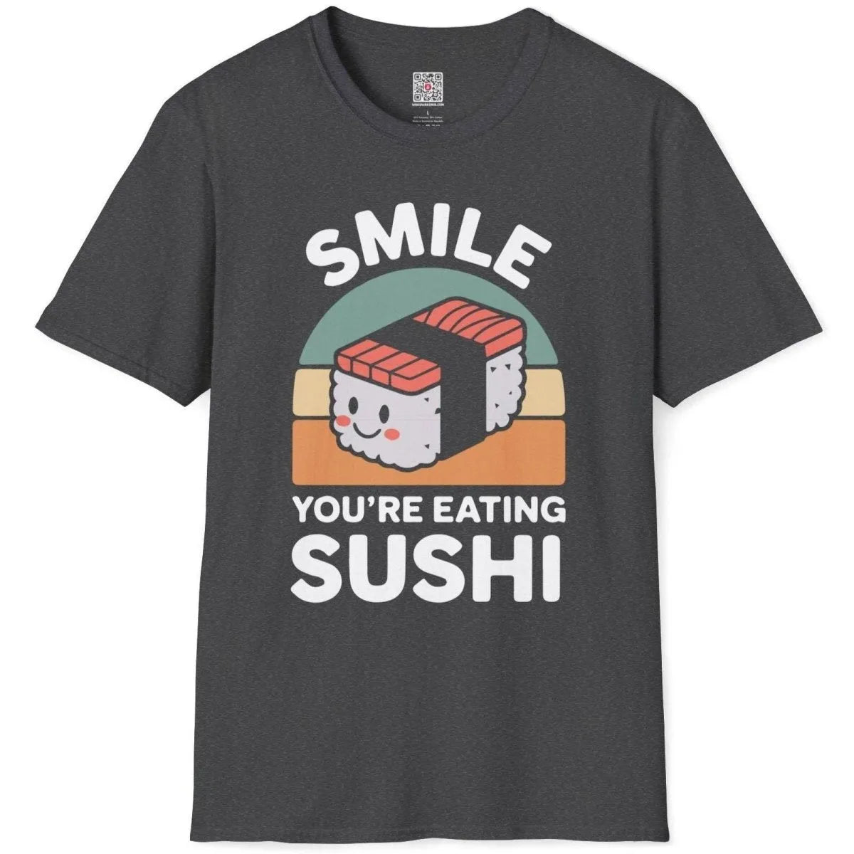 Dark heather flatlay, cute sushi face, pastel background, sushi t-shirt, kawaii sushi.