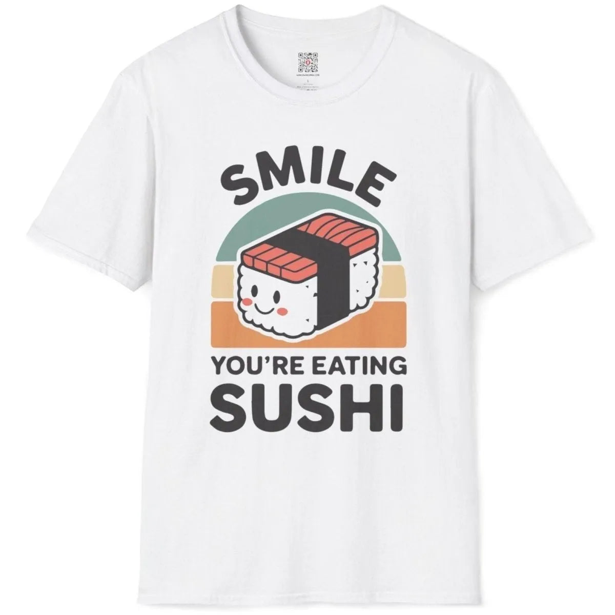 White flatlay, smiling sushi with pink tuna, bold text, japanese t-shirts, positive messaging.