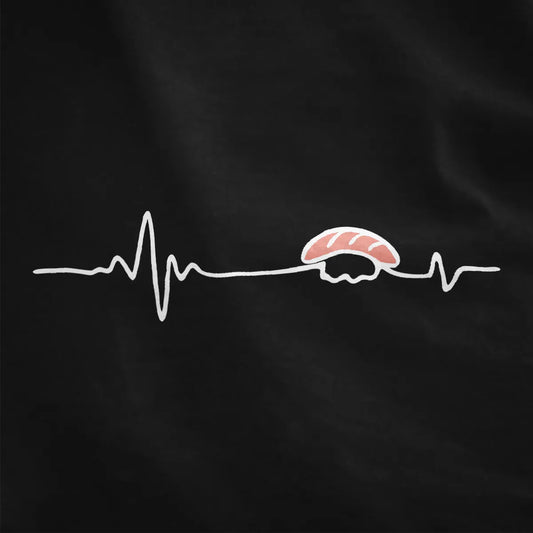 Minimalist heartbeat line with salmon nigiri sushi on black fabric, sushi shirt, heart art, japanese inspired clothes.