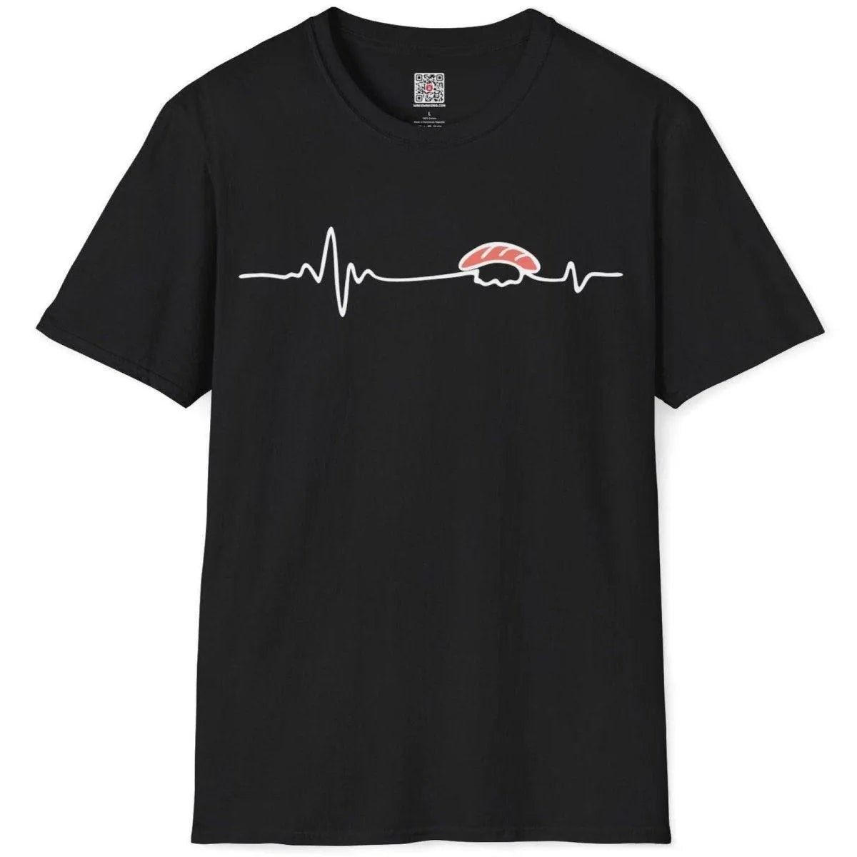 Sushi heartbeat design on black t-shirt flatlay, sushi t-shirt, contrast art, simple shirt design.