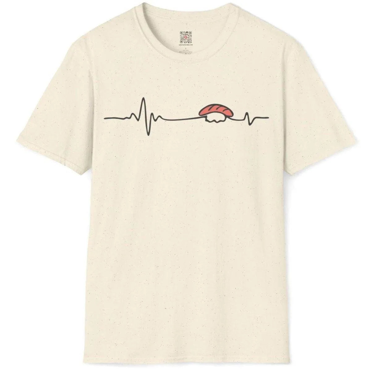 Sushi heartbeat design on natural t-shirt flatlay, minimalist t shirt, sushi pun, positive messaging.