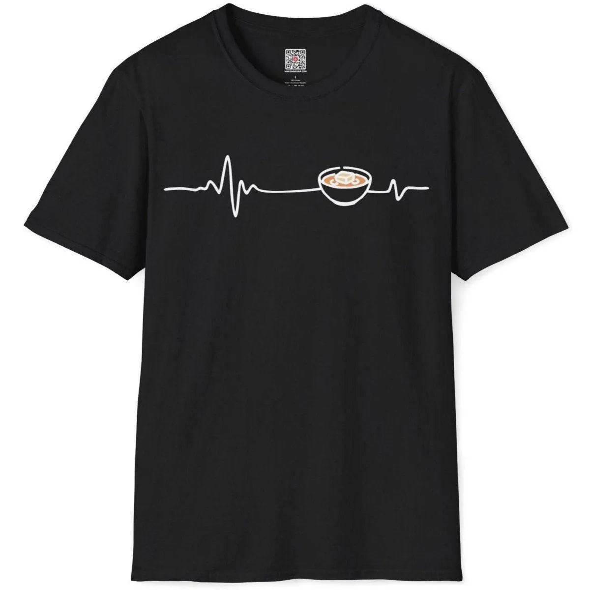 miso heartbeat design on black t-shirt flatlay, miso shirt, cultural symbolism, simple shirt design.