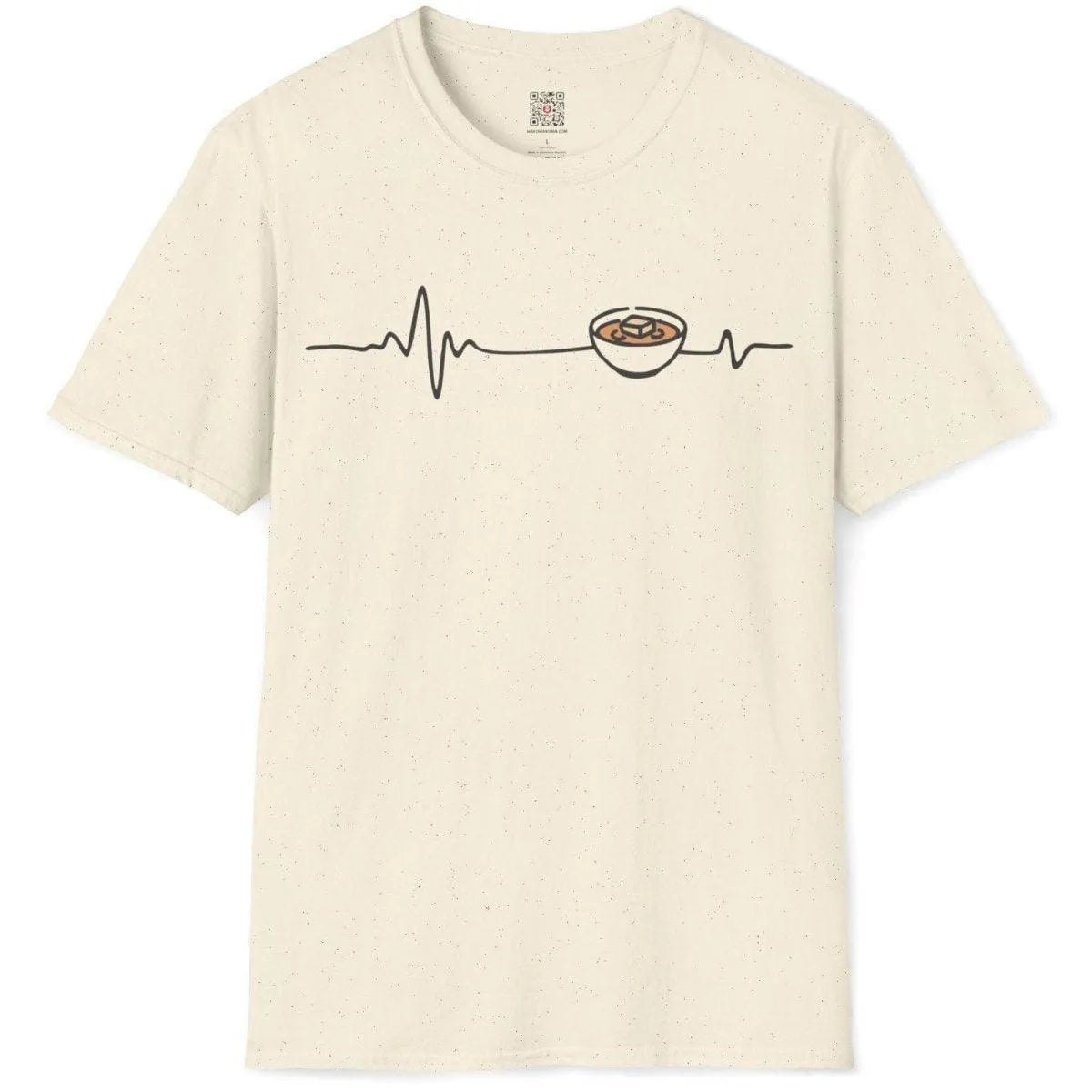 miso heartbeat design on natural t-shirt flatlay, cozy food, minimalist t shirt, graphic tees stores.