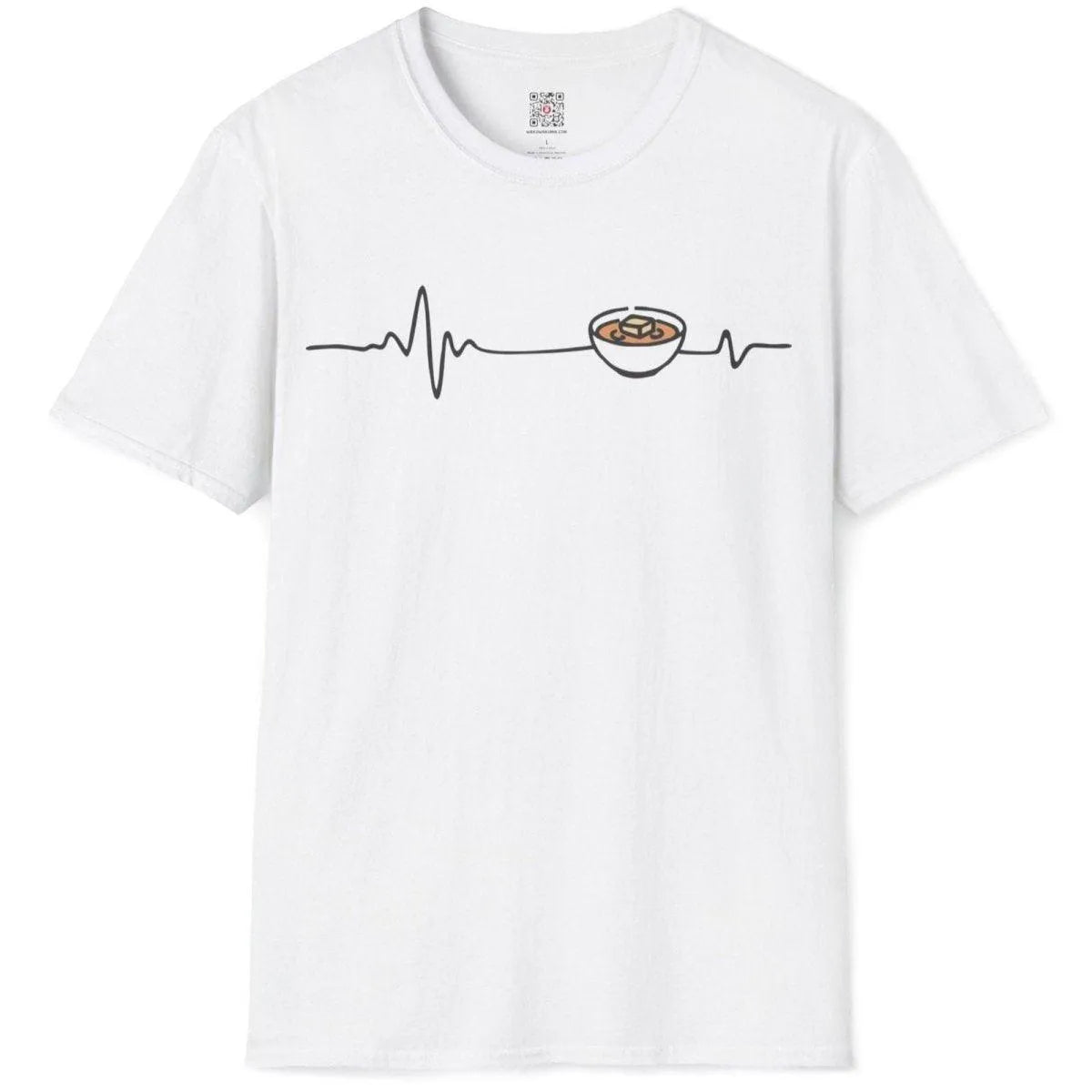 miso heartbeat design on white t-shirt flatlay, comfort food, minimalist t shirt, warm palette.