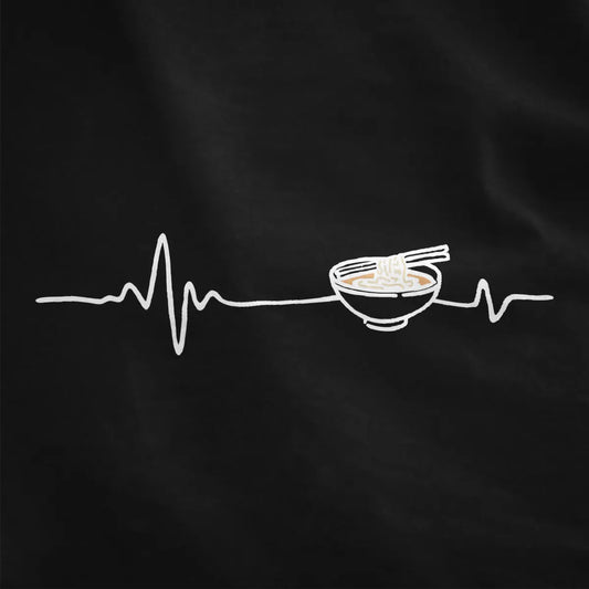 Heartbeat line art morphs into ramen bowl with chopsticks on black fabric, modern ramen shirt, contrast art.