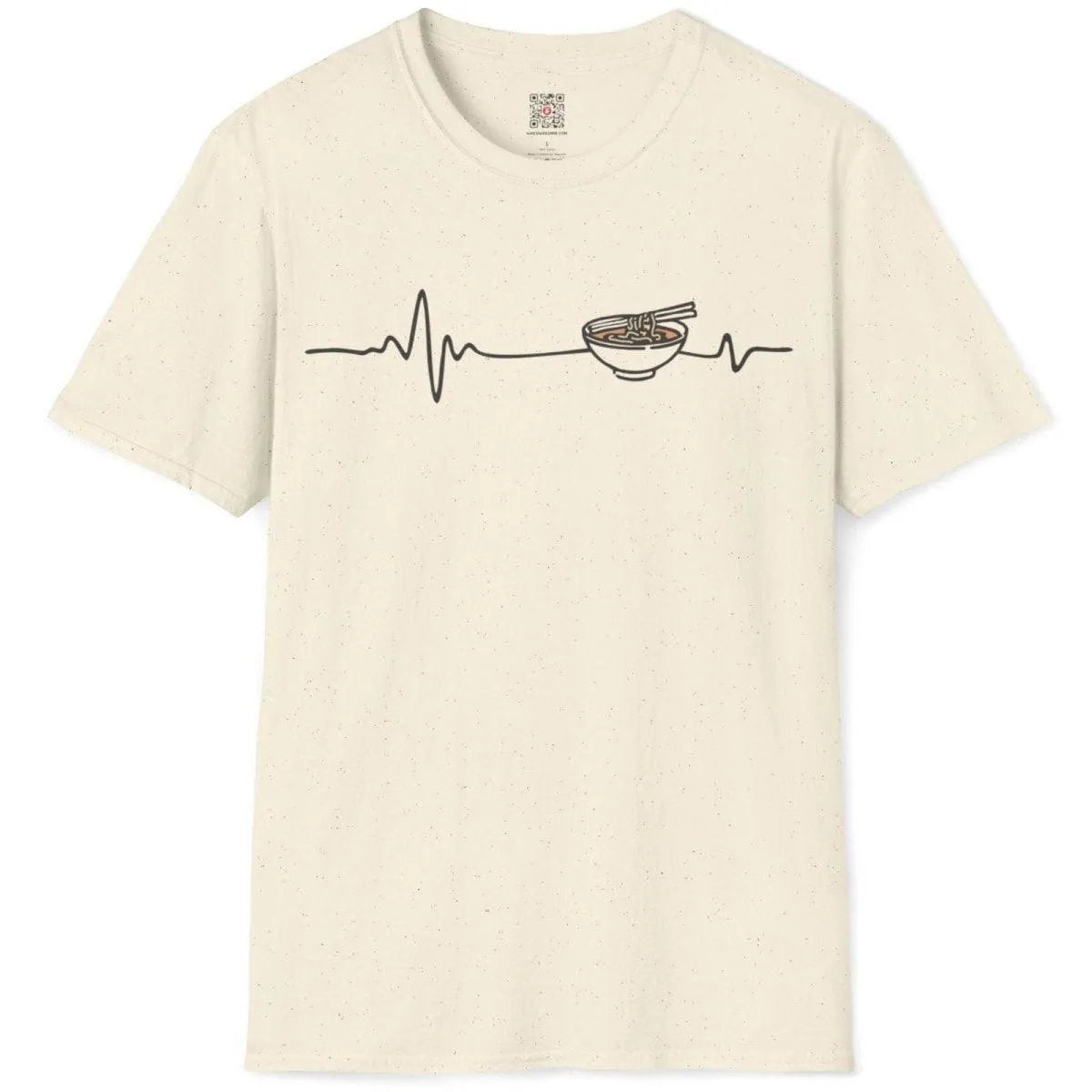 Natural flatlay t-shirt with minimalist heartbeat line forming ramen bowl and chopsticks, ramen shirt, contrast art.