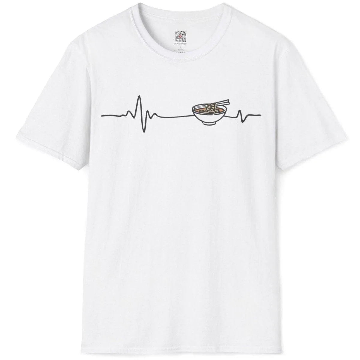 White flatlay t-shirt featuring EKG line turning into ramen bowl with chopsticks, umami noodles, modern fusion.