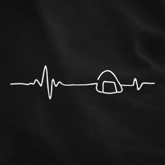Heartbeat line art morphs into rice ball onigiri on black fabric, cultural symbolism, modern tradition.