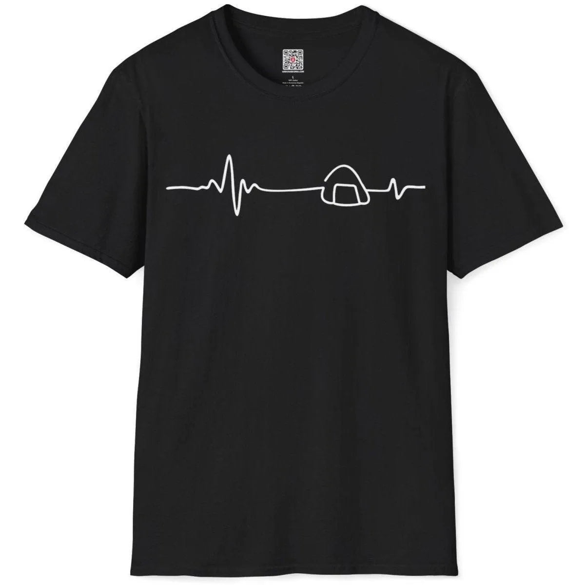 Black flatlay t-shirt with heartbeat line turning into onigiri rice ball, simple shirt design, sushi culture.
