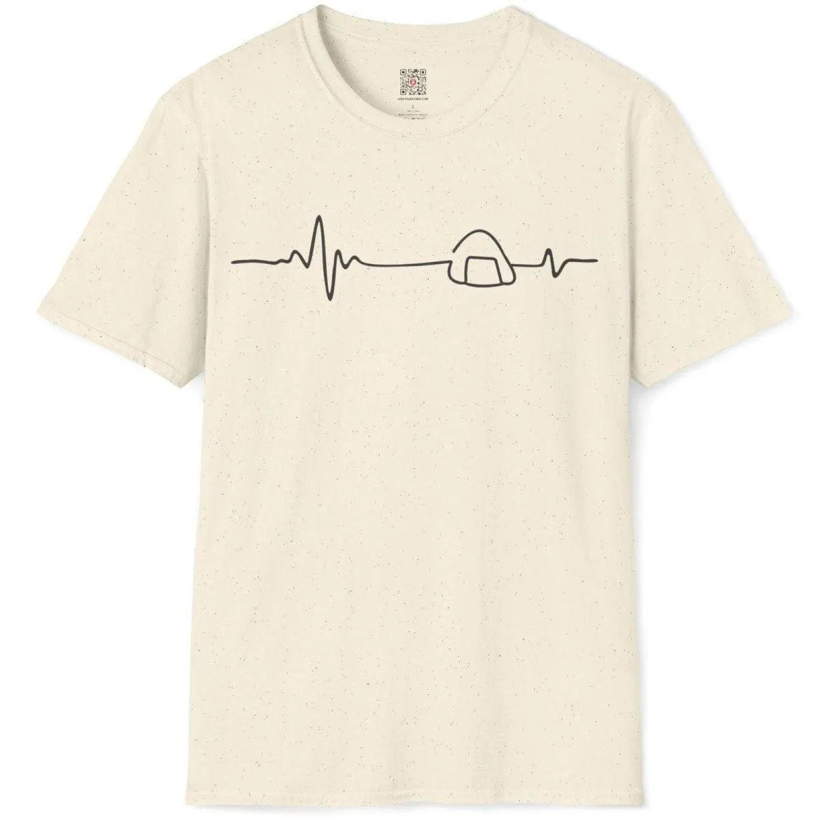 Natural flatlay t-shirt with heartbeat line art and rice ball onigiri, modern tradition, pastel aesthetics.