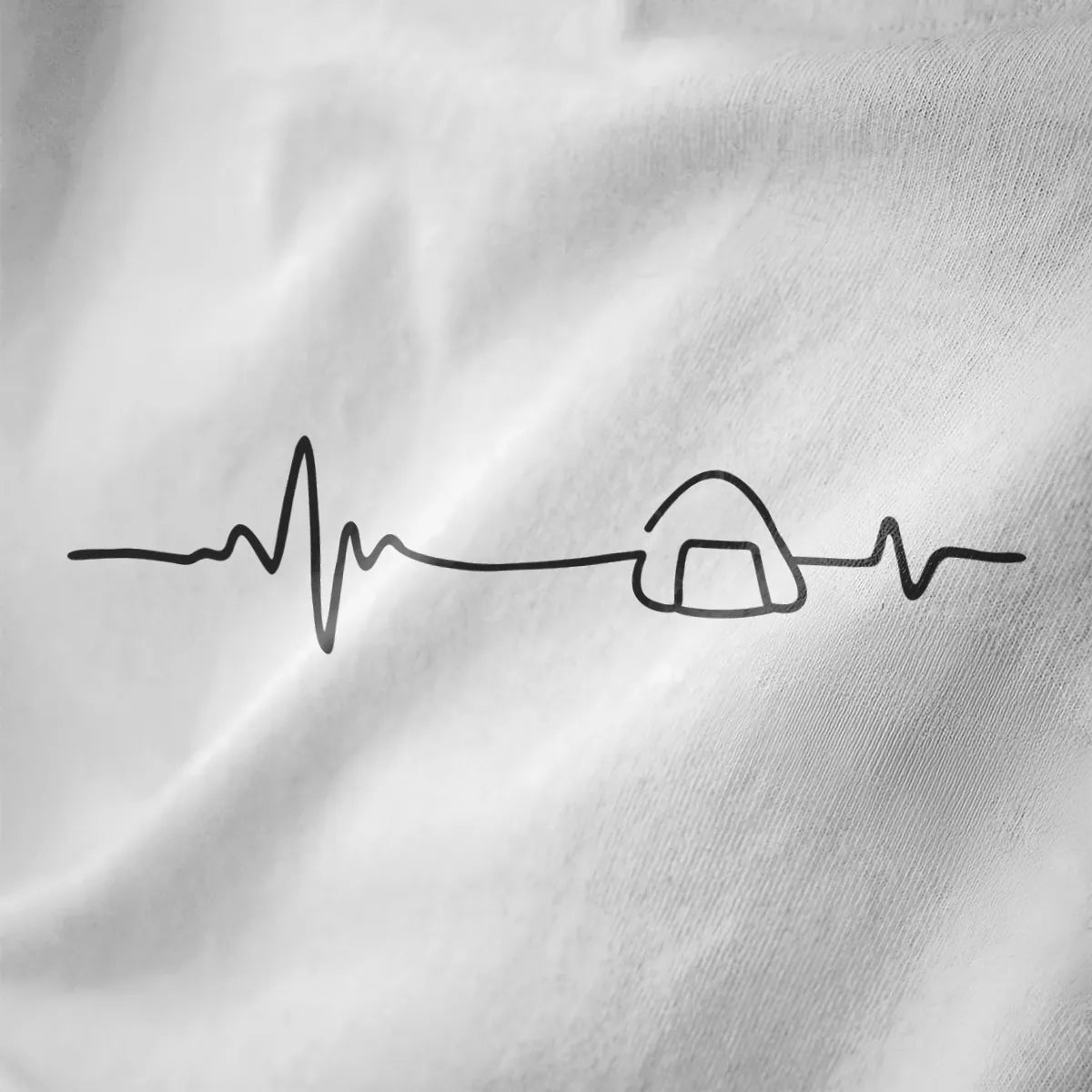 Continuous black EKG line transforms into onigiri rice ball on white fabric, minimalist japanese t-shirt.