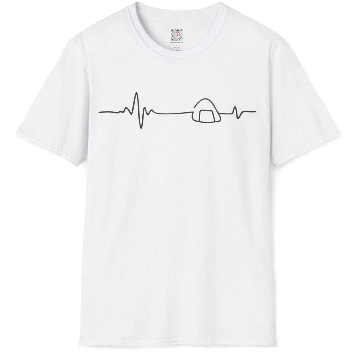 White flatlay t-shirt featuring EKG line morphing into onigiri, organic aesthetic, cultural identity.