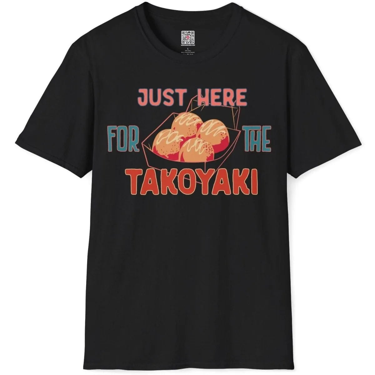 Black t-shirt flatlay with lively takoyaki graphic and humorous quote, junk food shirt, graphic design t shirt.