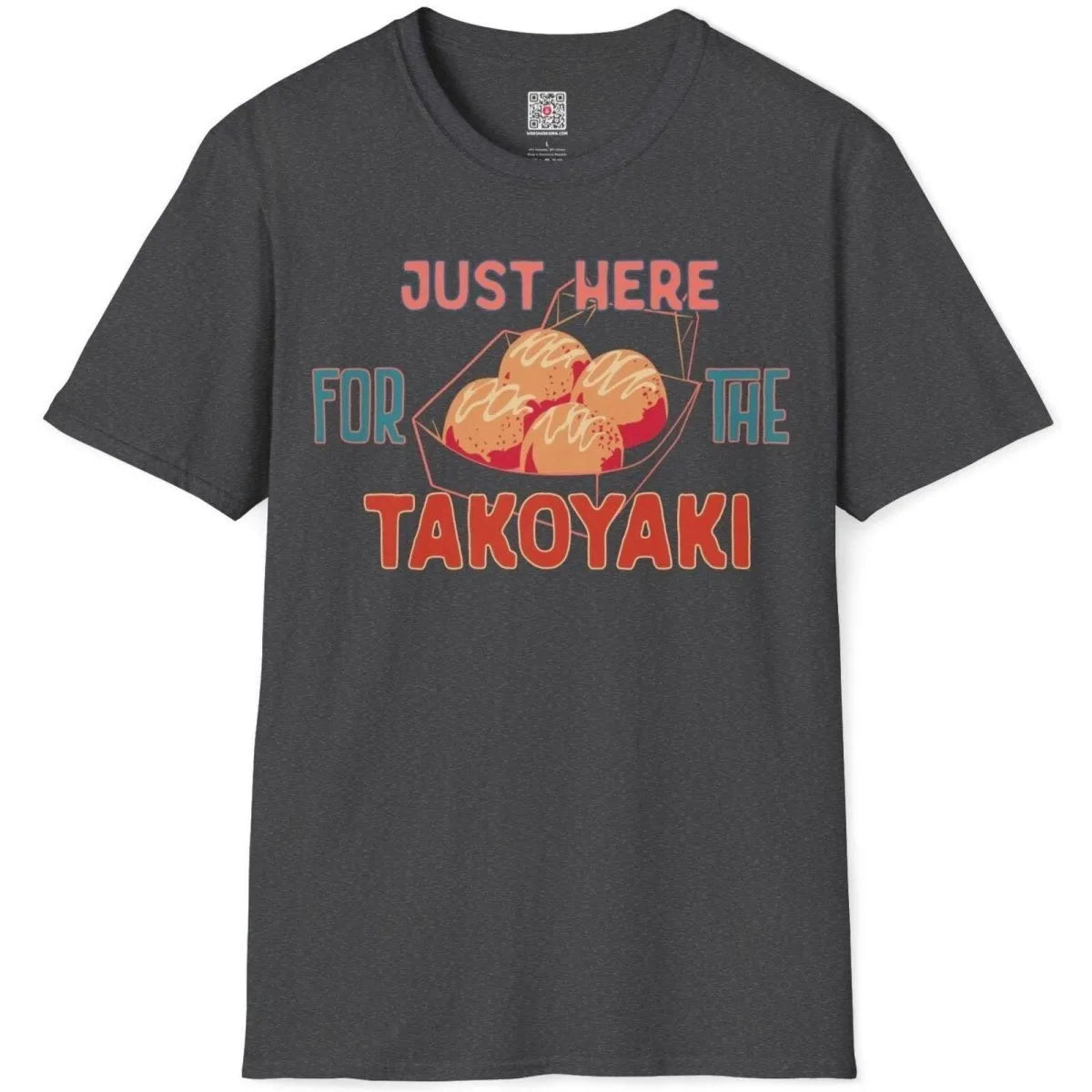 Dark heather t-shirt flatlay with takoyaki illustration, retro diner vibe, funny shirts with sayings.