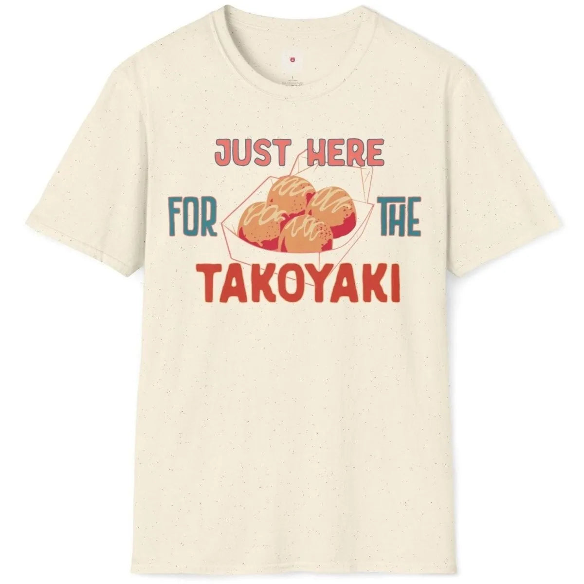 Natural t-shirt flatlay, playful takoyaki balls and bold text, t shirt design graphic, foodie style.