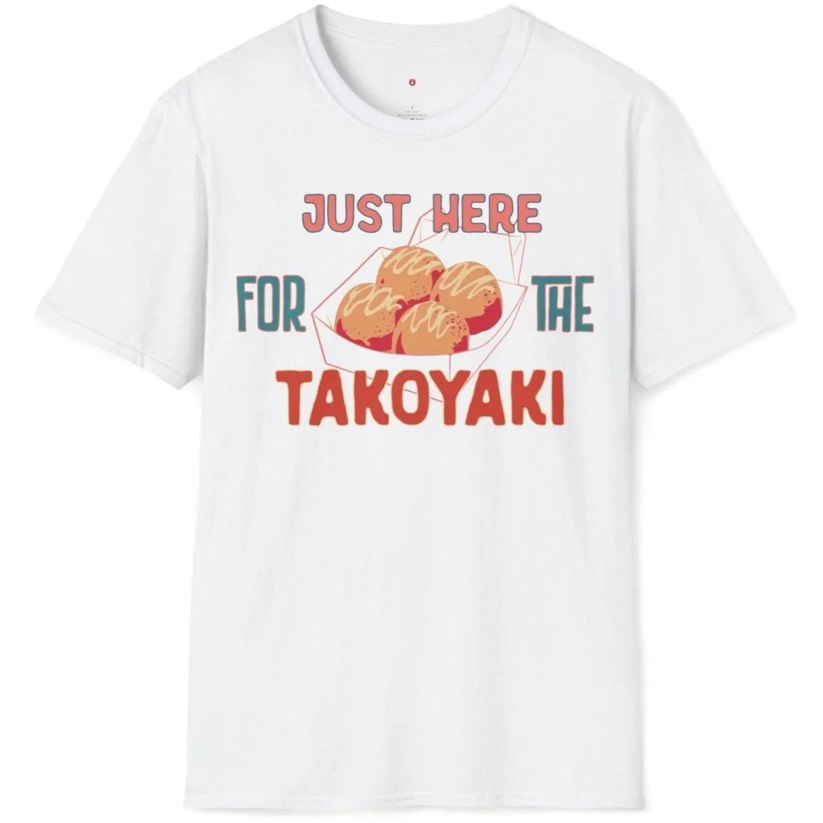 White t-shirt flatlay featuring colorful takoyaki design and bold font, japanese snack popular, vibrant style.