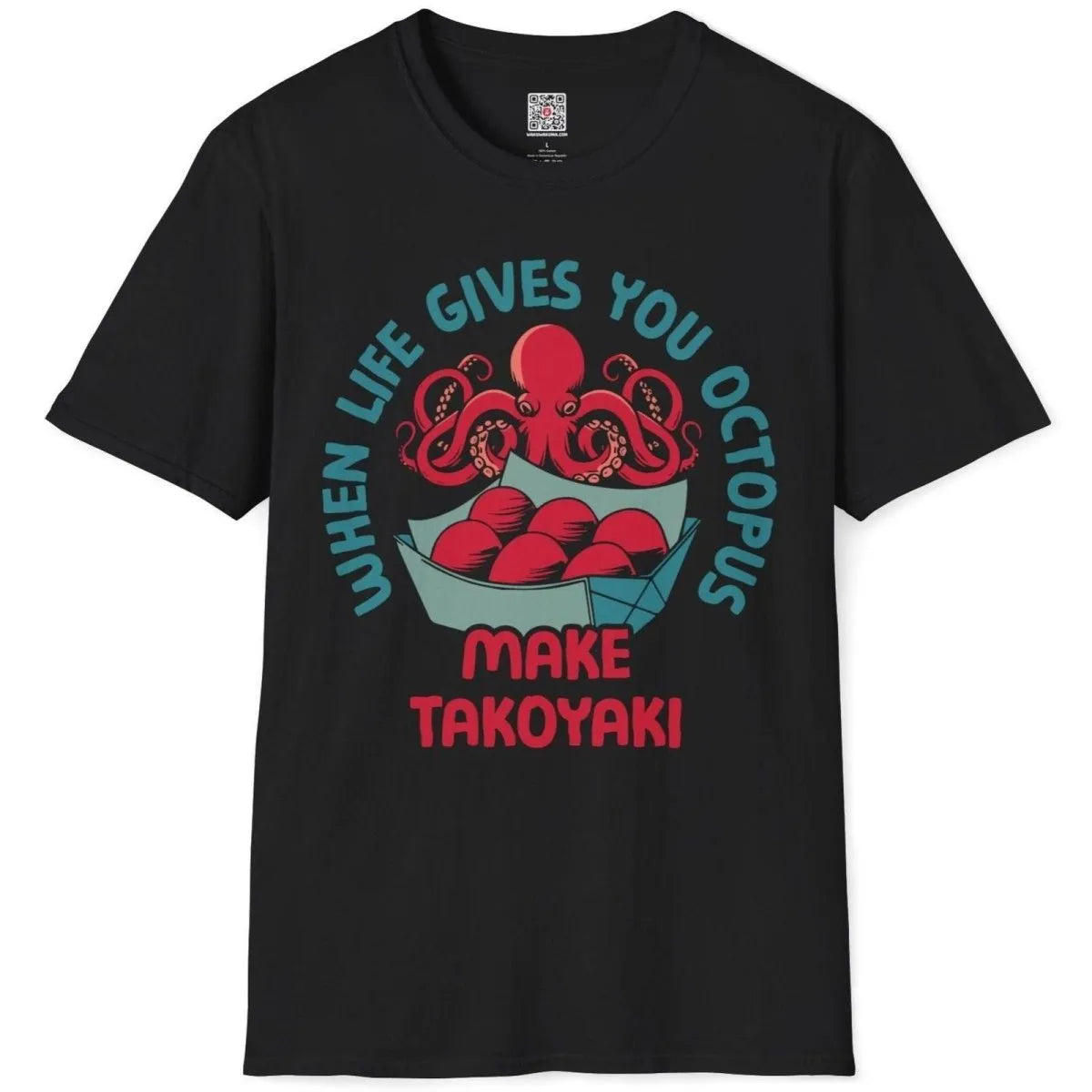 Black flatlay t-shirt with whimsical octopus, takoyaki balls, and circular text, perfect for streetwear shirts.